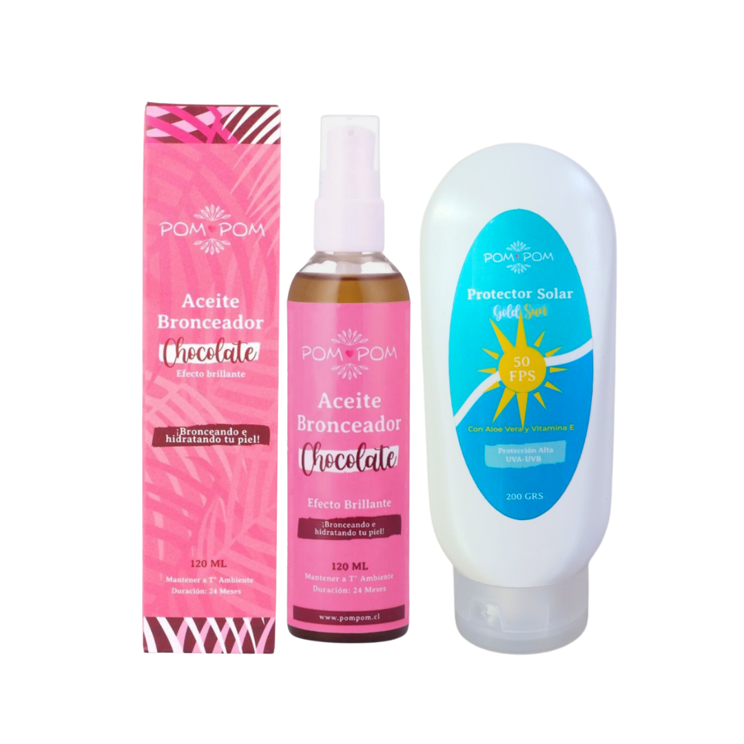 Pack Bronceador Chocolate + Bloqueador – Café, segura y con piel glow