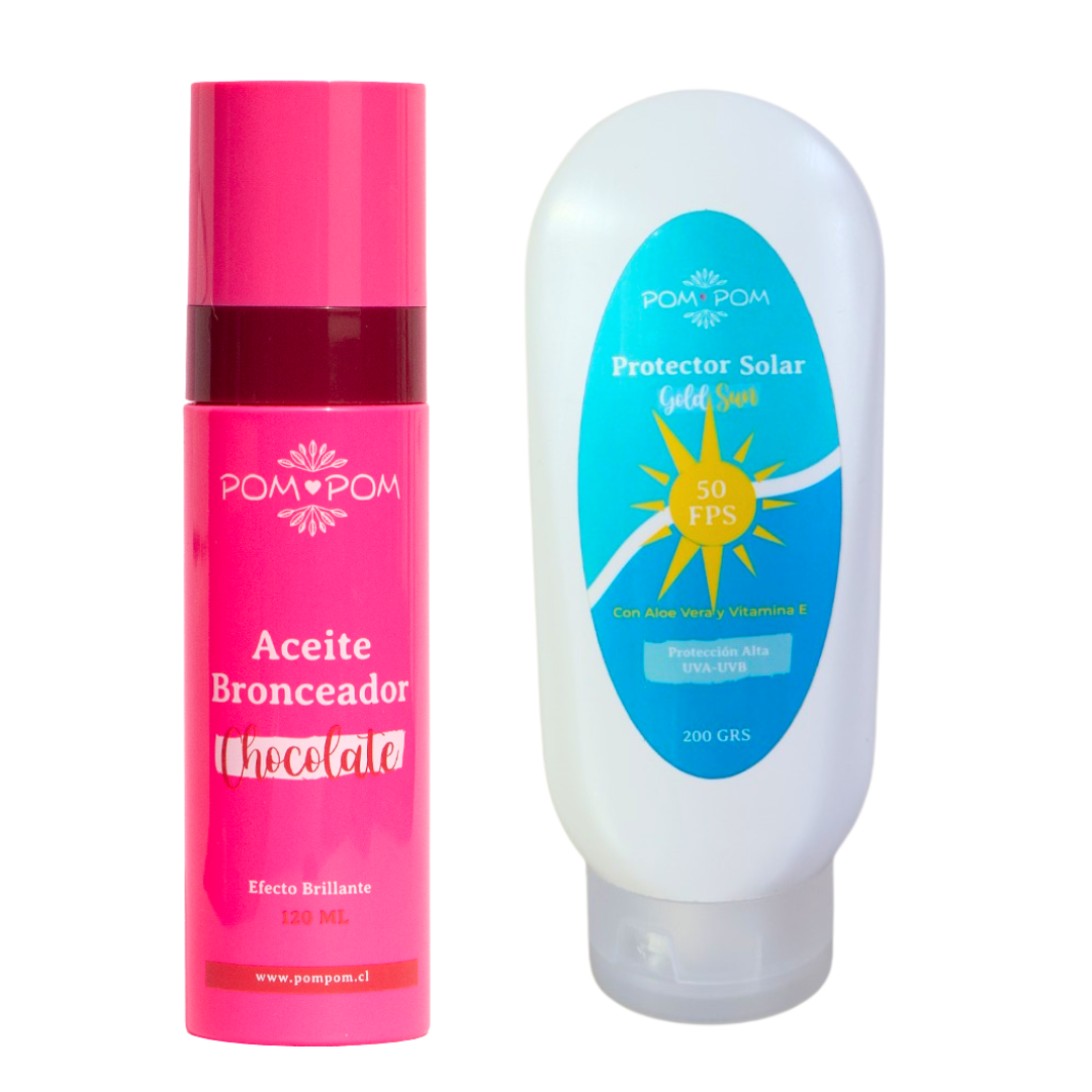 Pack Bronceador Chocolate + Bloqueador – Café, segura y con piel glow