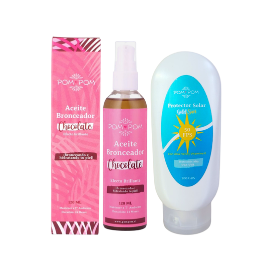 Pack Bronceador Chocolate + Bloqueador – Café, segura y con piel glow
